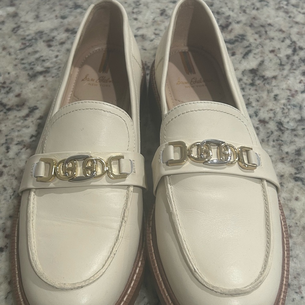 Sam Edelman Cream Loafers with Gold Accents